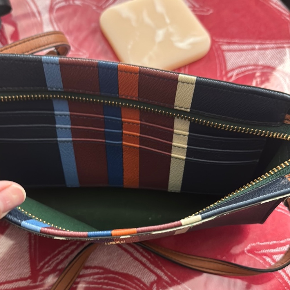 Tory Burch Blue and Brown Crossbody Bag with Striking Stripes - Picture 3 of 8